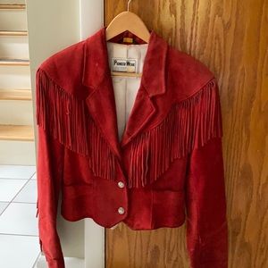Red fringe suede jacket short waist-like length. Small or Medium. Vintage.